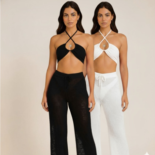 Kit 2 Saidas de Praia Calça + Top  Com Ajuste no Cordão Verão Moda Blogueira Tendencia Crochê 2026 em Oferta na Shopee