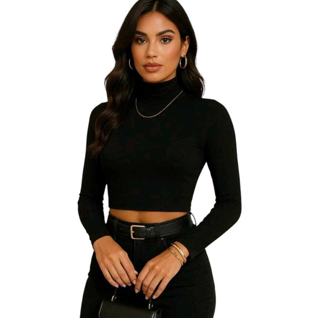 O MELHOR CROPPED FEMININO GOLA ALTA MANGA LONGA COLLANT BASICO CORES PRETO BRANCO VERMELHO