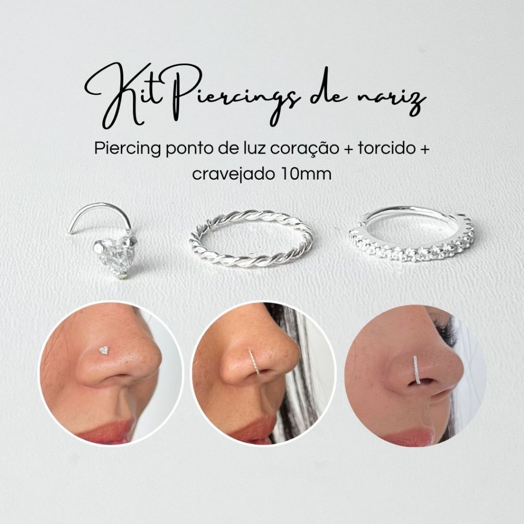 Piercing Prata 925 Kit Cravejado 10mm + Torcido + Ponto de Luz Coração em Oferta na Shopee