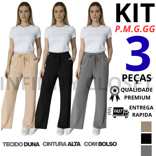 Kit 3 Calça Duna Pantalona Feminina Cintura Alta com Bolso PROMOÇÃO