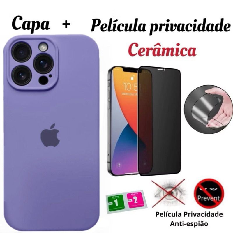 Kit Capa Chapinha Silicone Aveludada com proteção de câmera+Película privacidade Cerâmica Para iphone 12 12Pro 12Promax