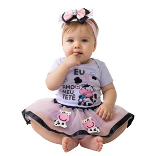 Body Bebe -  Vaquinha Amo Tete + Saia Tule + Laço - Mesversario - Temático em Oferta na Shopee
