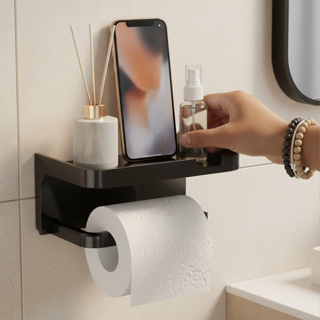 Suporte Porta Papel Higienico Preto e Suporte para Celular Com Adesivo Fixo na Parede Sem Furos em Oferta na Shopee