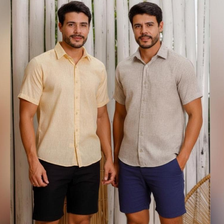 Camisa Masculina Social manga curta slim conforte no algodão linho misto em Oferta na Shopee