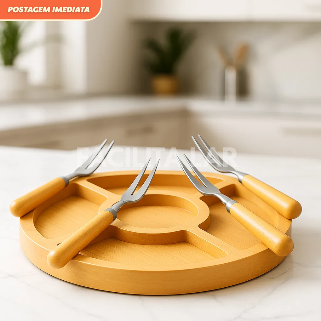 Kit Petisqueira de Bambu com 4 Garfinhos | Tábua para Frios, Queijos e Petiscos | Sustentável e Elegante em Oferta na Shopee