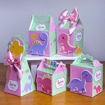 KIT CAIXINHA PERSONALIZADA DINOSAURO (MENINA) LEMBRANCINHA PARA FESTA (SEMI MONTADA)