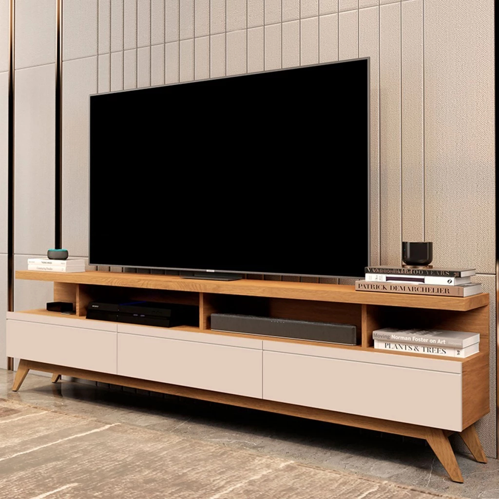 Rack 1.8 m para TV Até 70 Polegadas Vivare Wood 3 Gavetas e Nichos Pés de Madeira