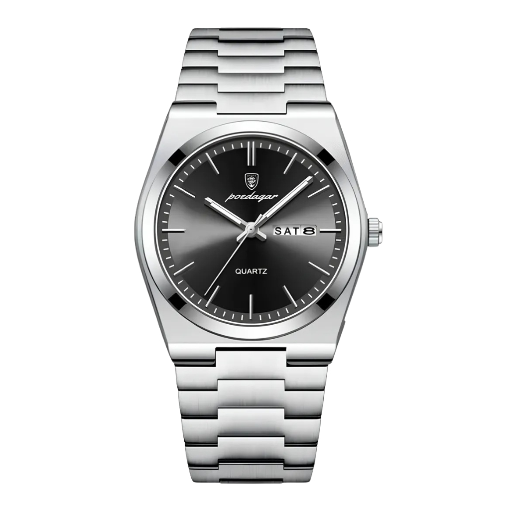 Relógio luxo Poedagar aço inoxidável vintage clássica old money minimalista prateado fundo preto