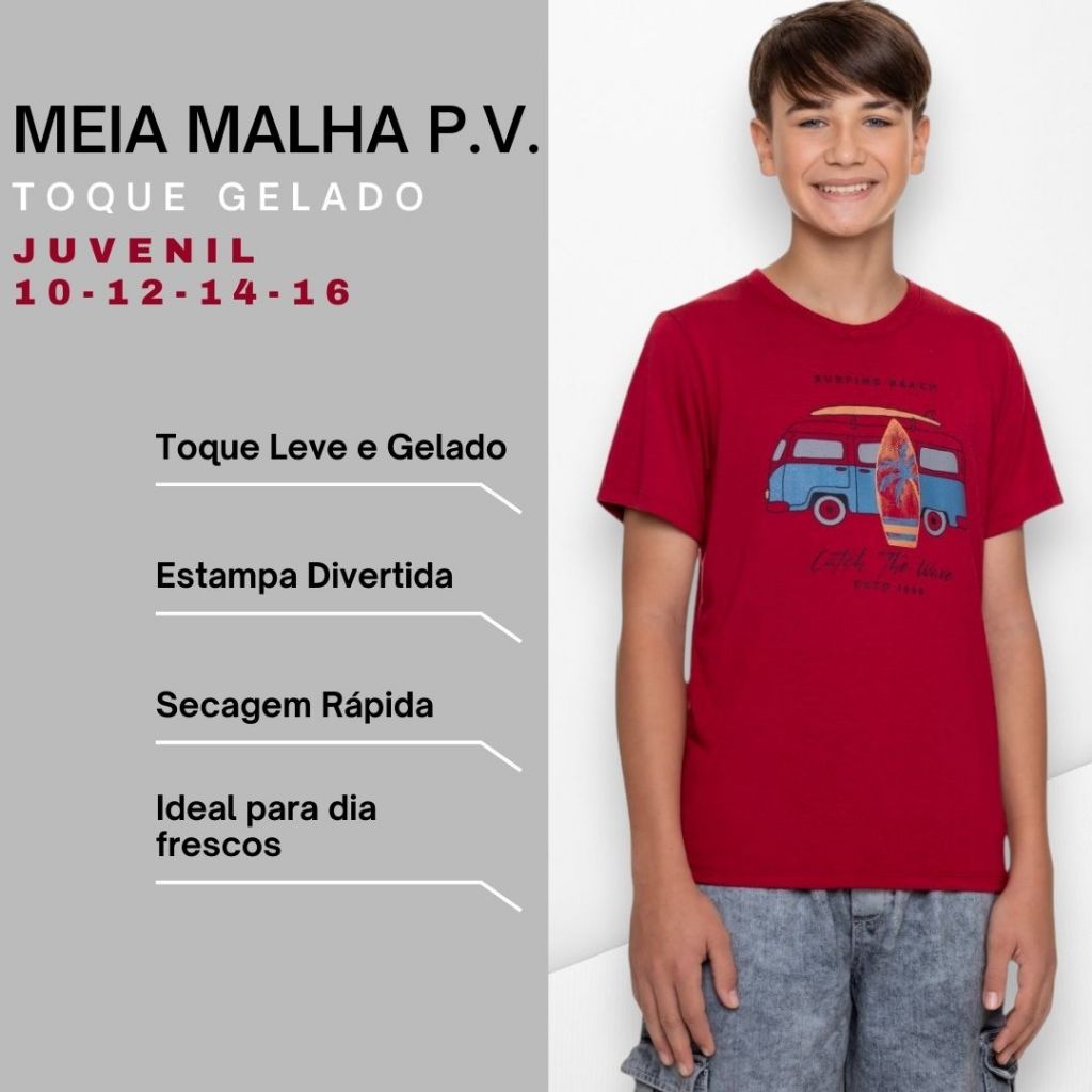 Camiseta Juvenil Menino Malha Fria PV Estampada T-Shirt Leve Confortável Básica Casual