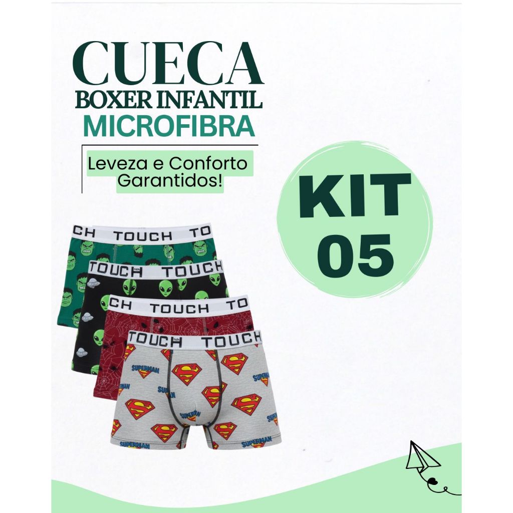 Kit 5 Cuecas Box Boxer Microfibra Original Infantil Masculino Ultraleve em Oferta na Shopee