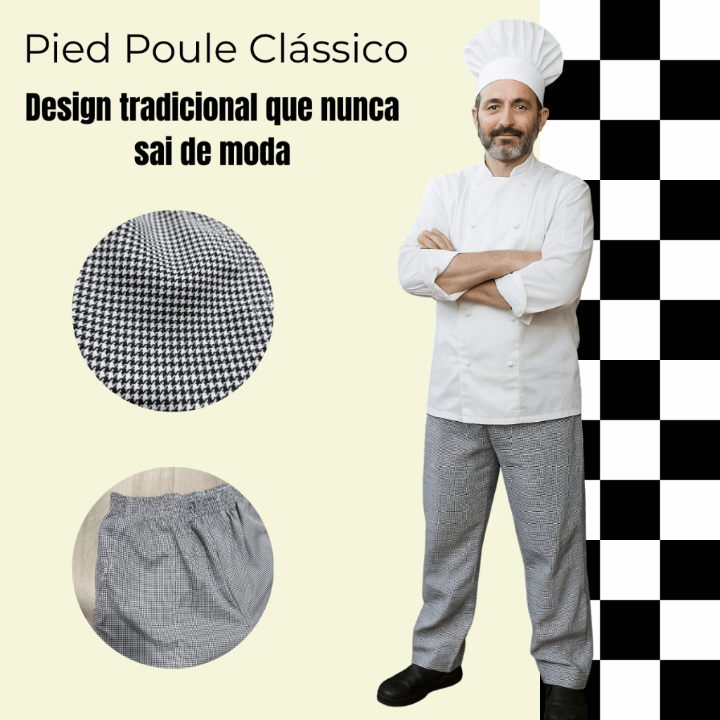 Calça Xadrez Elástico Uniforme Cozinha Chef Pied Poule Gastronomia Pizzaria Confeitaria