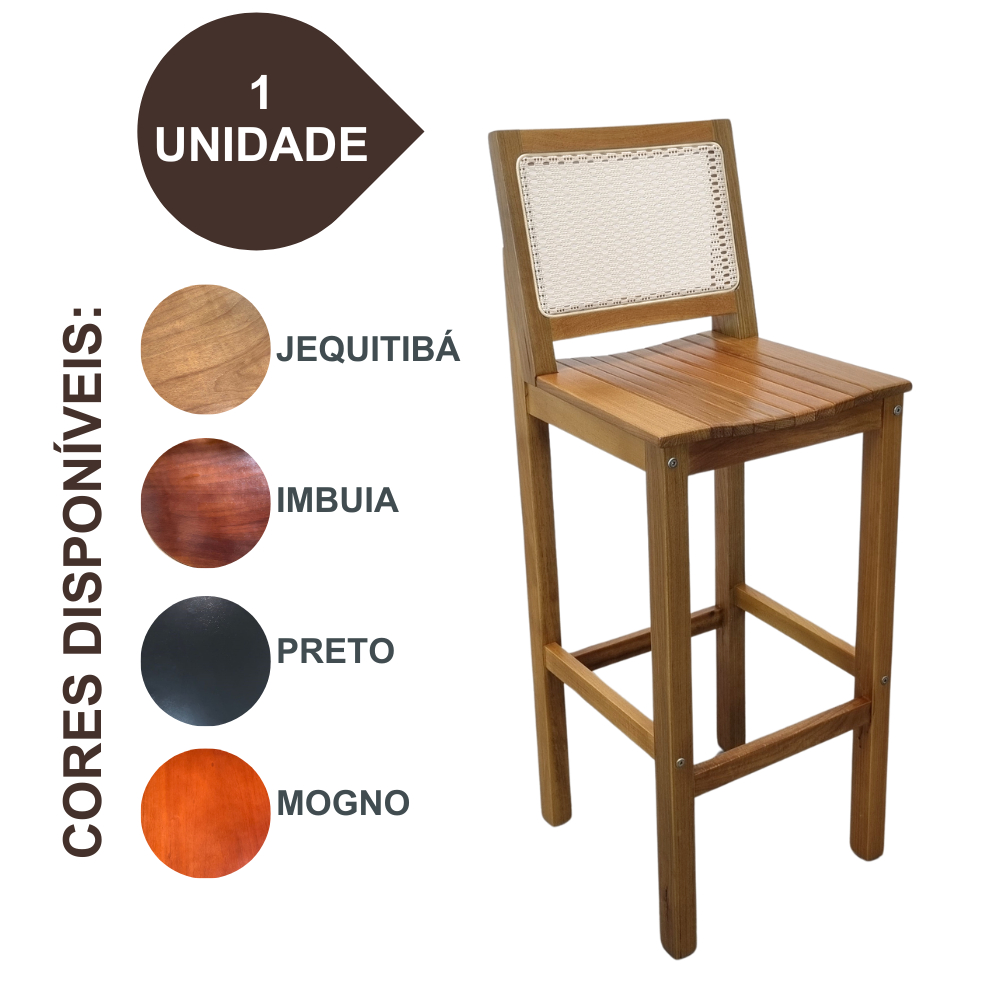 Banqueta Colonial Alta de Madeira com Encosto em Tela Sintética Balcão Bistrô Gourmet Churrasqueira