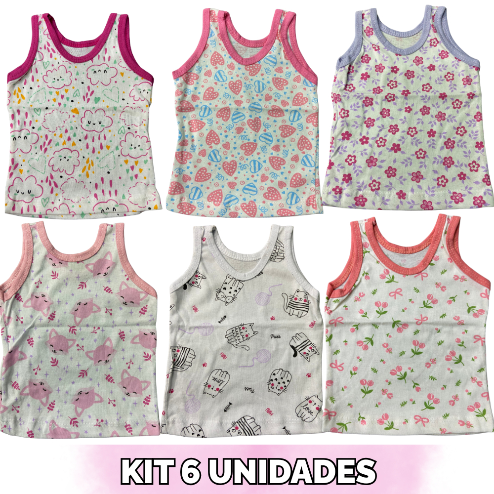 KIT FEMININO 6 UNIDADES CAMISETA REGATA ESTAMPADA SORTIDA P/M/G - INCRIVEIS BABY - 100% ALGODÃO