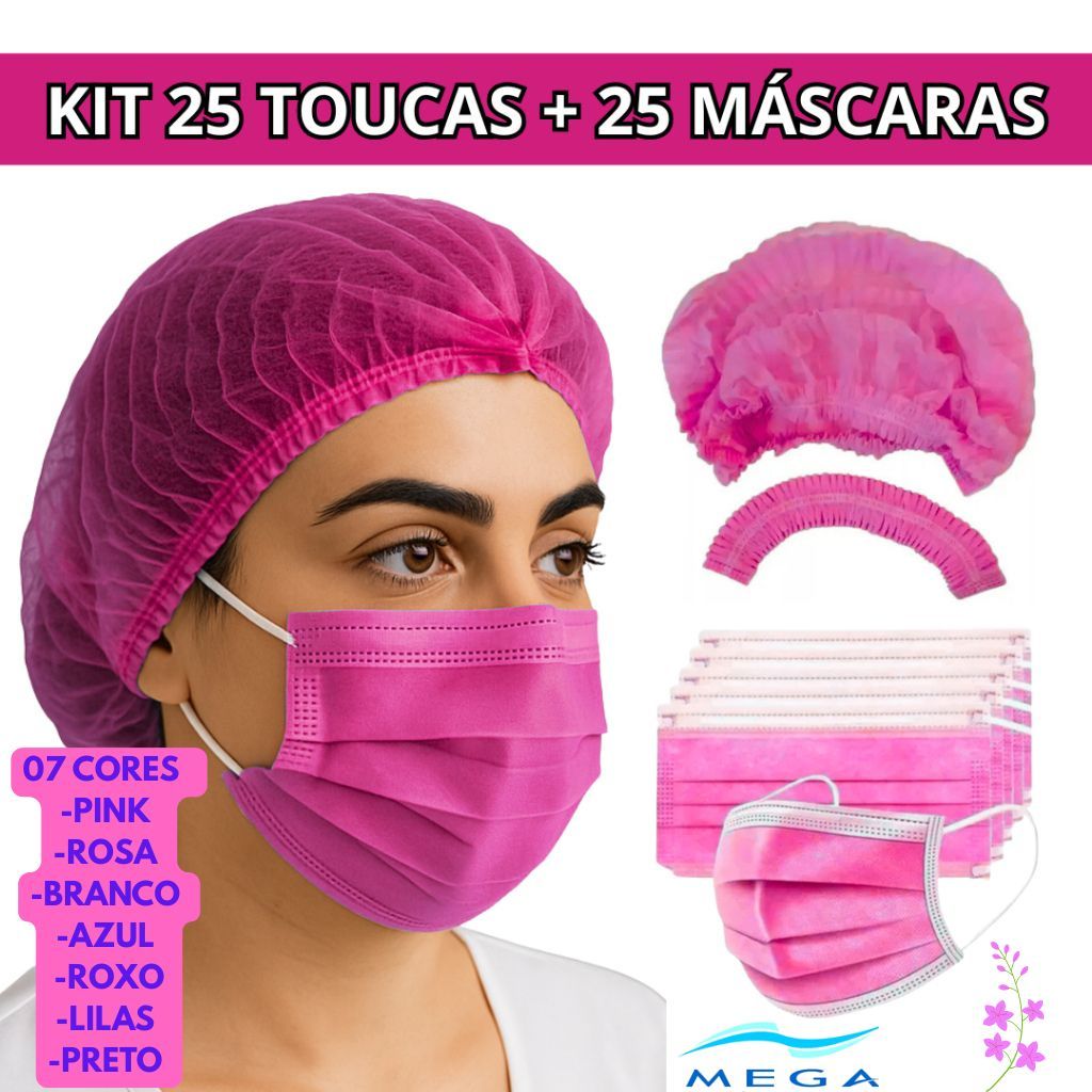 Kit Iniciante 25 Máscaras Descartáveis p/ Proteção Facial + 25 Toucas Salão, Clínica & Cozinha