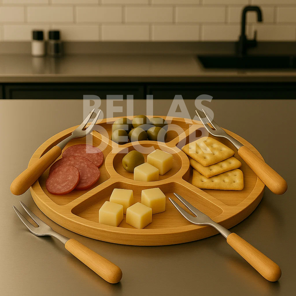 Gamela Petisqueira de Bambu com Divisórias + 4 Garfinhos | Gamela - Frios, Queijos e Petiscos em Oferta na Shopee