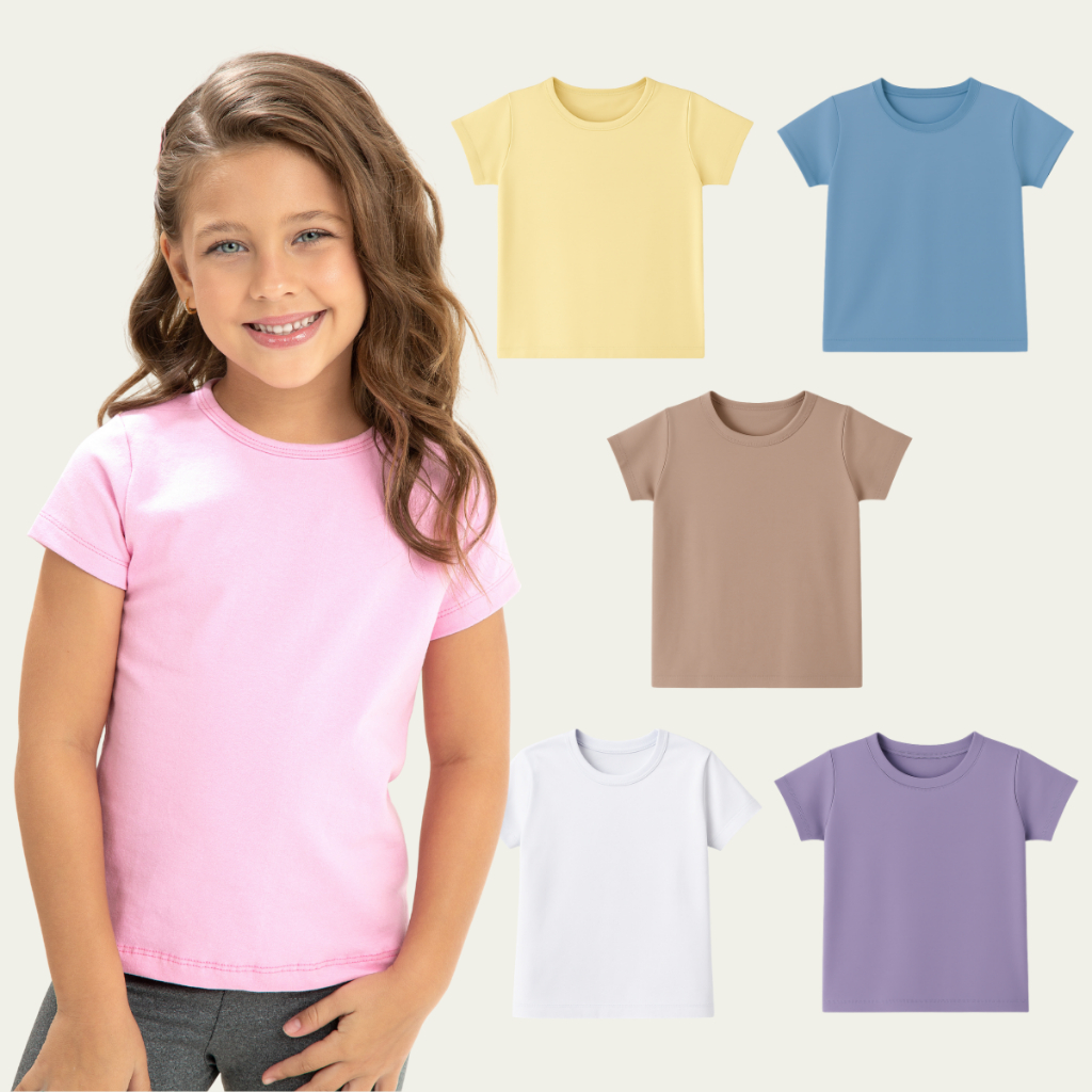 Blusa Candy Color Pastel Algodão Cotton Manga Curta Infantil Juvenil Básica Menina Tamanho 1 ao 16 em Oferta na Shopee
