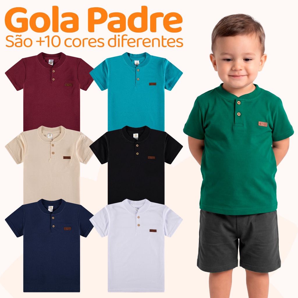 Kit Sortido 3 Camisetas Gola Padre Henley Bebê Menino - Elegância e Conforto