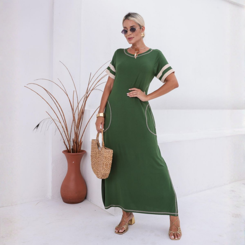 Vestido Longo Feminino Solto Manga Duas Cores Fenda e Bolsos Laterais em Oferta na Shopee