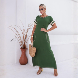 Vestido Longo Feminino Solto Manga Duas Cores Fenda e Bolsos Laterais em Oferta na Shopee