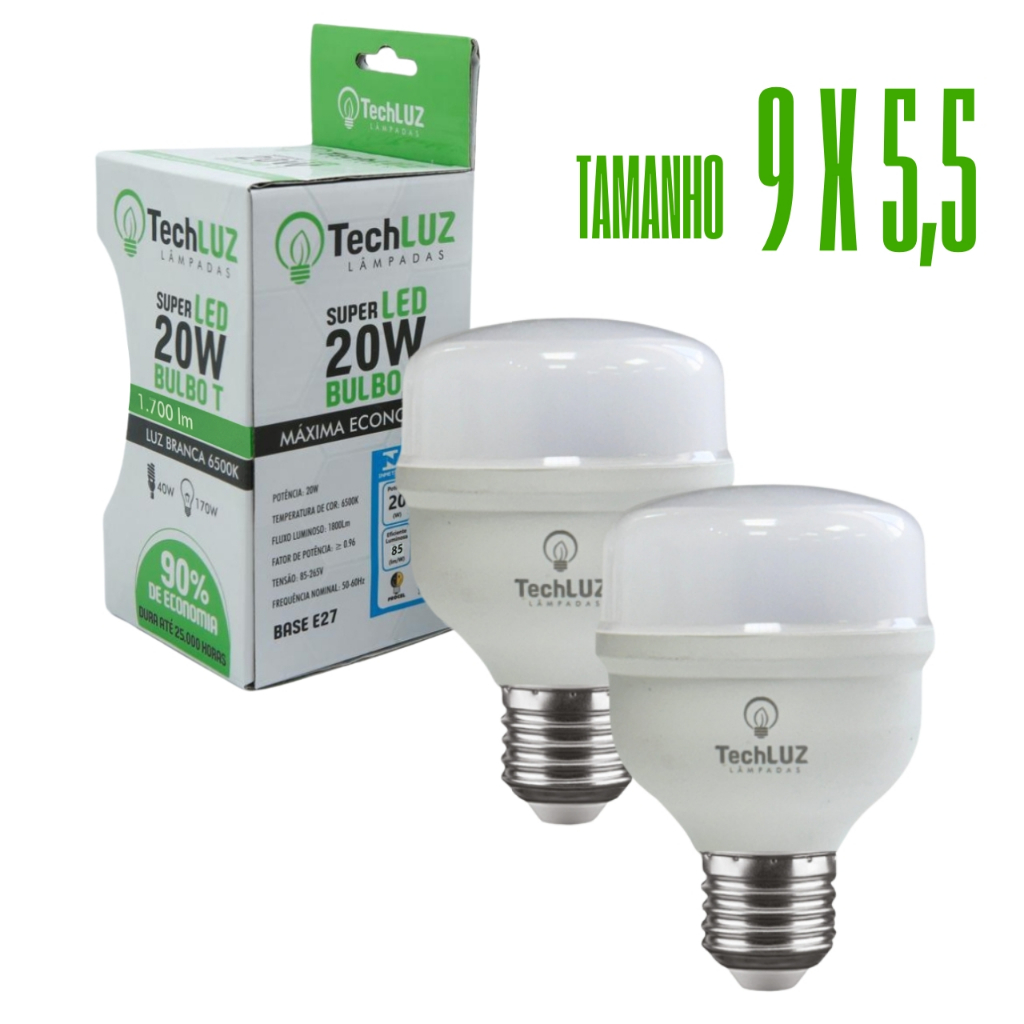 Kit 2 Lâmpadas Led Bulbo 20W Branco Frio 6500k Bivolt Alta Potência E27 Econômica Inmetro em Oferta na Shopee