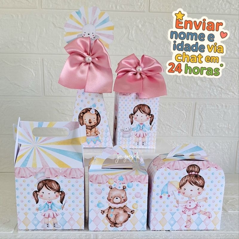 Kit festa personalizado Circo Menina, Circo Rosa lembrancinha personalizada Circo caixinha de festa