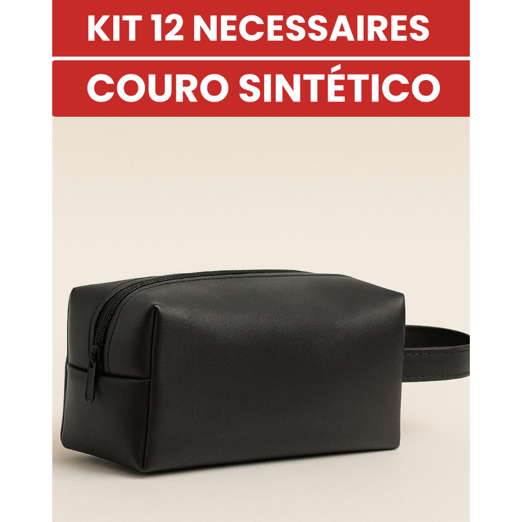 Kit com 12 Necessaires Couro Sintético Bolsa de Mão Feminina Masculina Organizador Estojo Cosméticos Viagem  Maquiagem