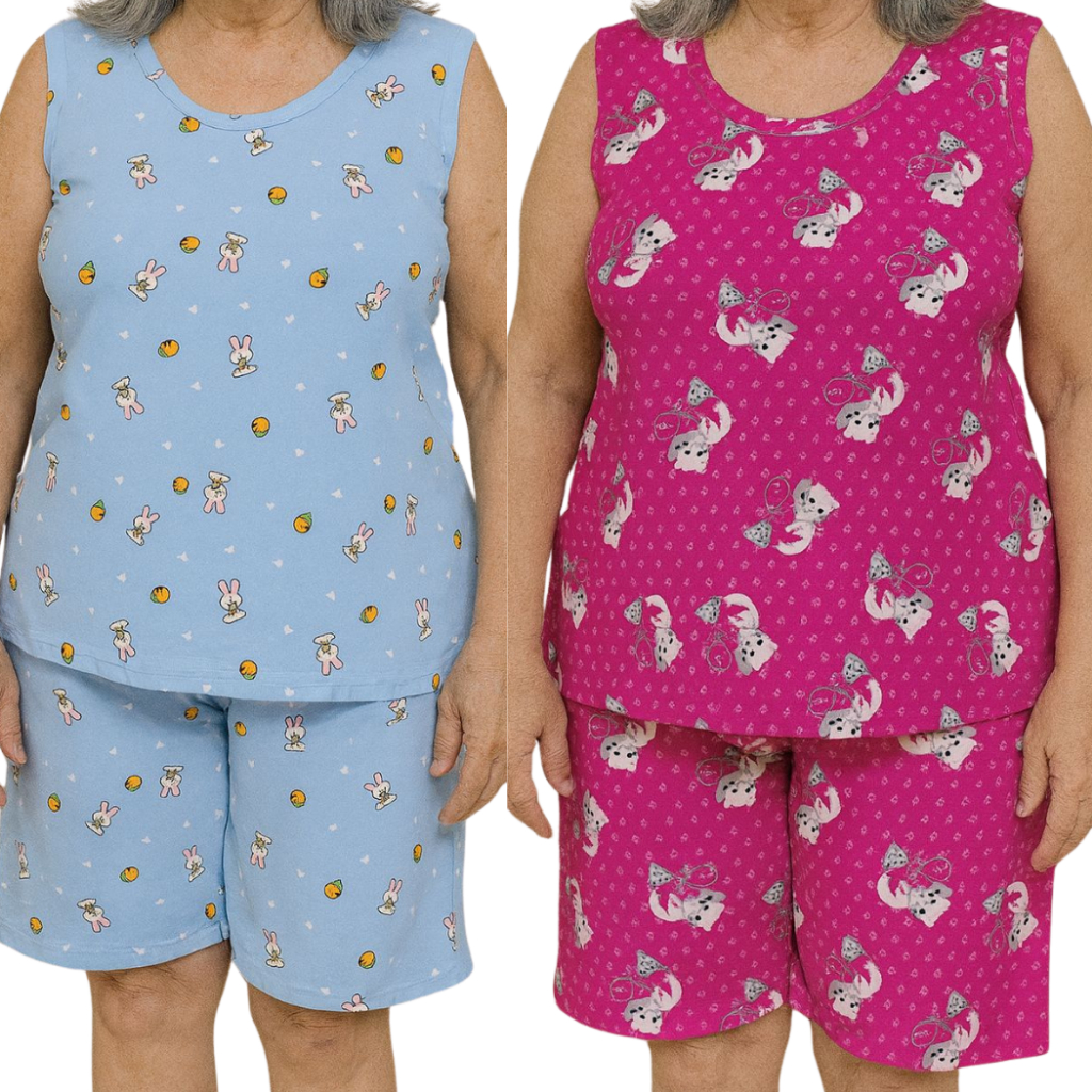 Kit 2 Pijama Feminino Meia Coxa Pescador babyDoll Liganete conforto Fresquinho Short Doll Camiseta Feminina