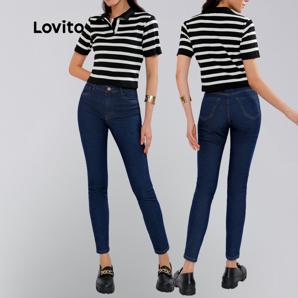 Lovito Jeans Casuais Basico Skinny Moda Modesta Lisos com Zíper para Mulheres LB895BRL925 em Oferta na Shopee