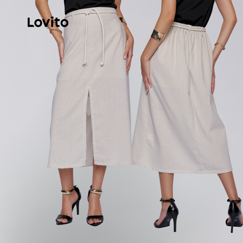 Lovito Saia Linho Like Midi Bege Clara Alfaiataria com Cinto Casual Lisa Feminina LB924BRL954