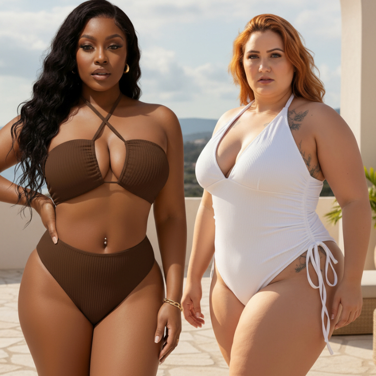 Kit Biquíni + Maiô Moda Praia Plus Size Tendência Gringa Suplex Canelado 100% Forrado