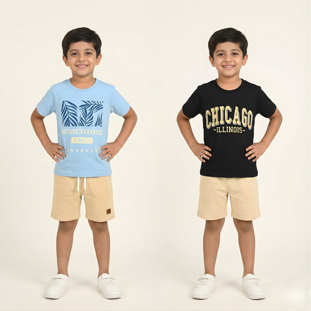 Kit 2 Conjuntos Infantil Menino Camiseta e Short Para o Dia a Dia Leve Macio Estiloso Estampado Básico