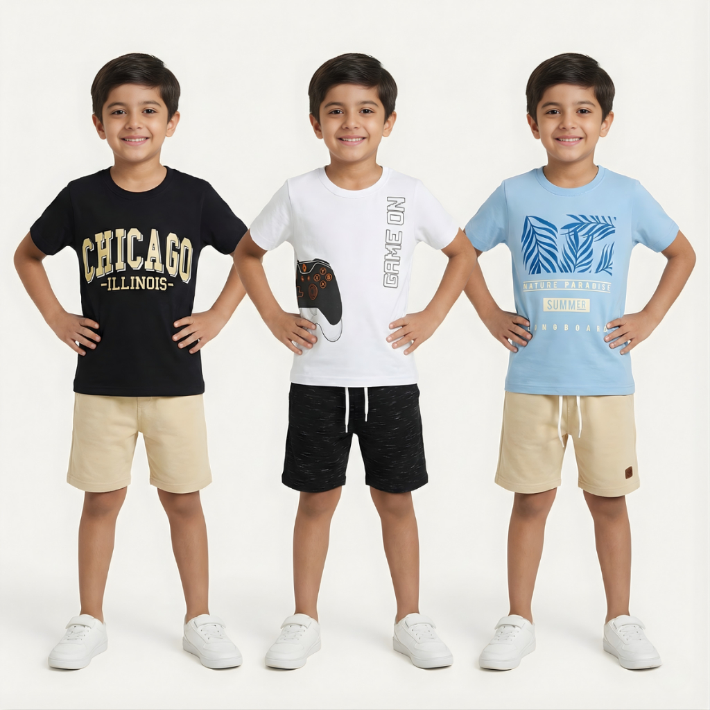 Kit 3 Conjuntos Infantil Menino Camiseta e Short Dia a Dia Leve Macio Estiloso Estampado Qualidade