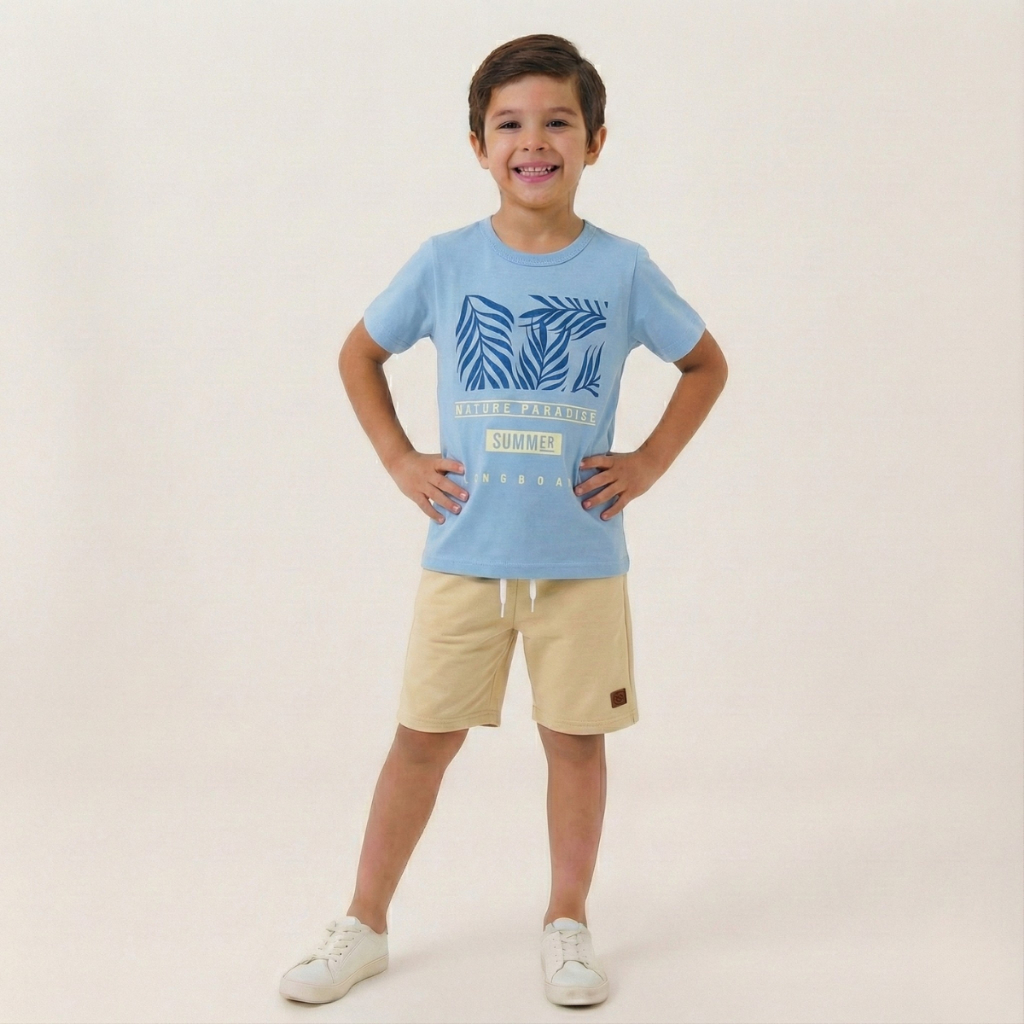 Conjunto Infantil Menino Camiseta e Short Para o Dia a Dia Leve Macio Estiloso Estampado Básico