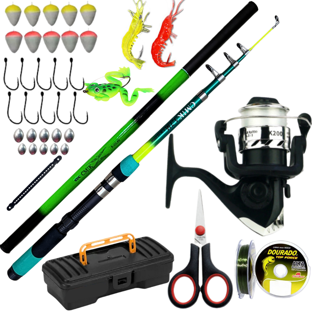 Kit Molinete de Pesca Vara Telescopica Mão 3,60 Caniço Presente Pai Amigo Marido Isca Artificial