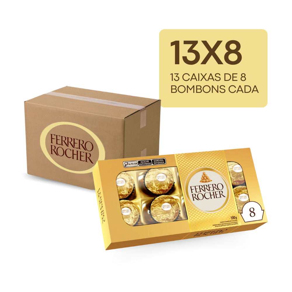 Kit 13 Caixas Ferrero Rocher 8 Un Chocolate Ao Leite Com Avelã 100g Wafer Crocante Lembrancinha
