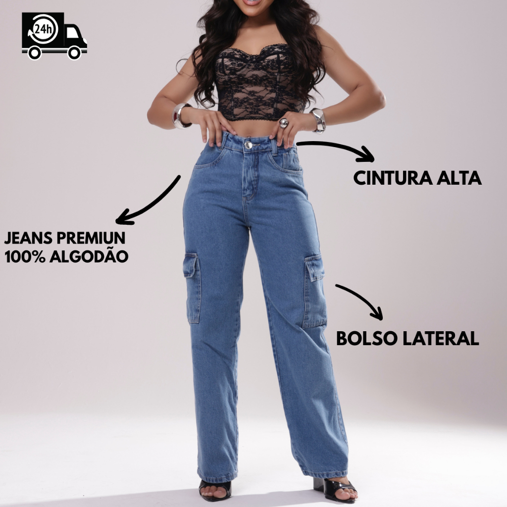 Calça cargo Jeans Feminina 100% algodão-Bolso Lateral-Cintura Alta-Tecido Premium-Moderna em Oferta na Shopee