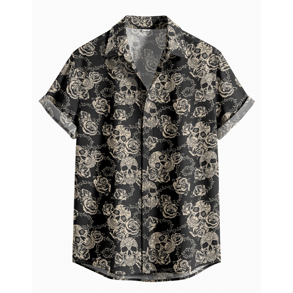 Camisa De Botão Caveira Com Rosas Preto Tattoo Old School Caveira Rock Com Rosas [Ref-438]