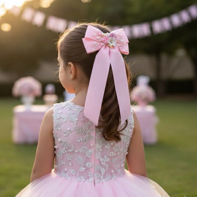 laço para festa longo com pernas e arranjo aramado com pérolas e flores para festas aniversários e daminhas de casamento — imagem 2 de 2