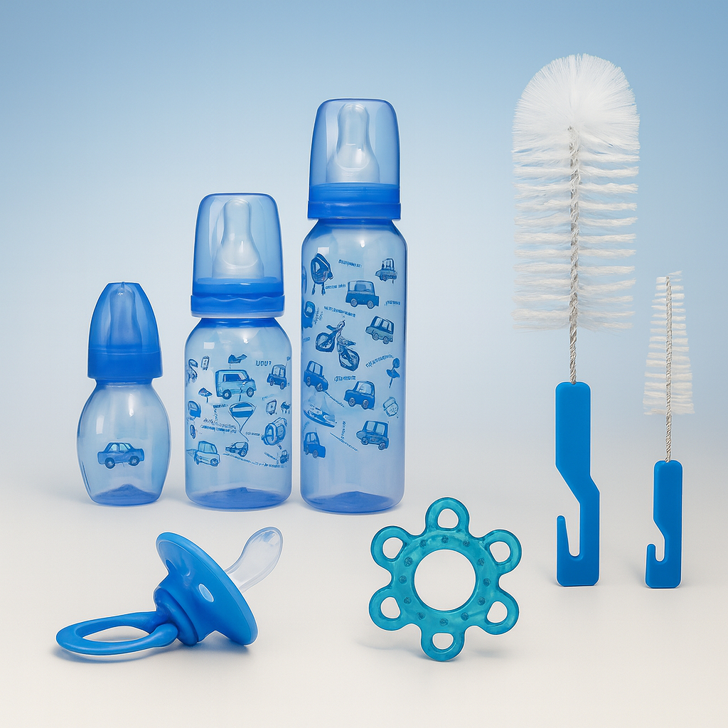 Kit 7 Peças Para Bebê 3 Mamadeiras +Kit Esc Lava Mam + Mordedor + Chupeta bico Orto Menina/Menino