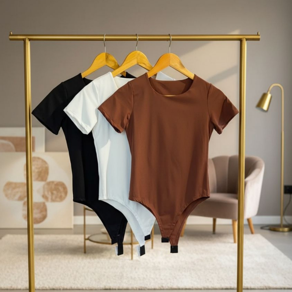 Kit 3 Body Collant Feminino Básico Barato Gola Redonda Manga Curta Sem Transparência Com Forro Duplo Cásual Versátil
