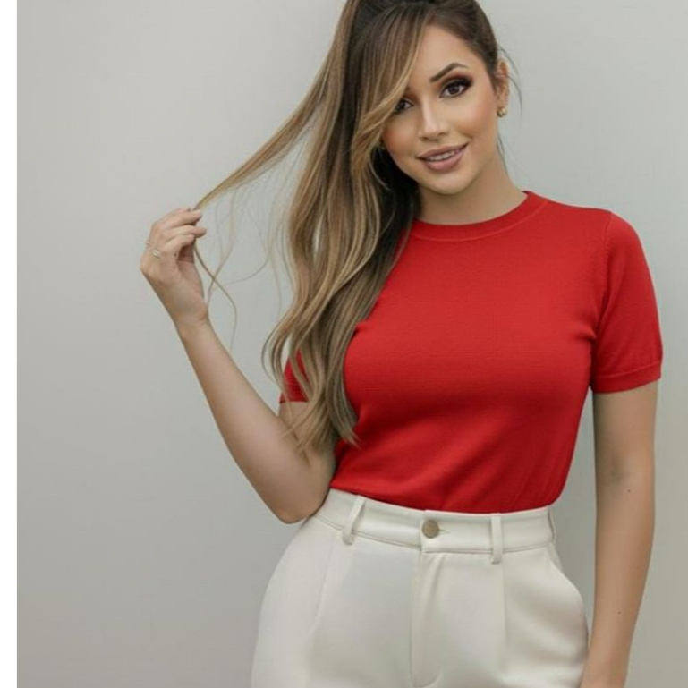 Blusa Feminina Estilosa Tricot Manga Curta Básica Roupa Feminina Confortável para Dia a Dia Verão