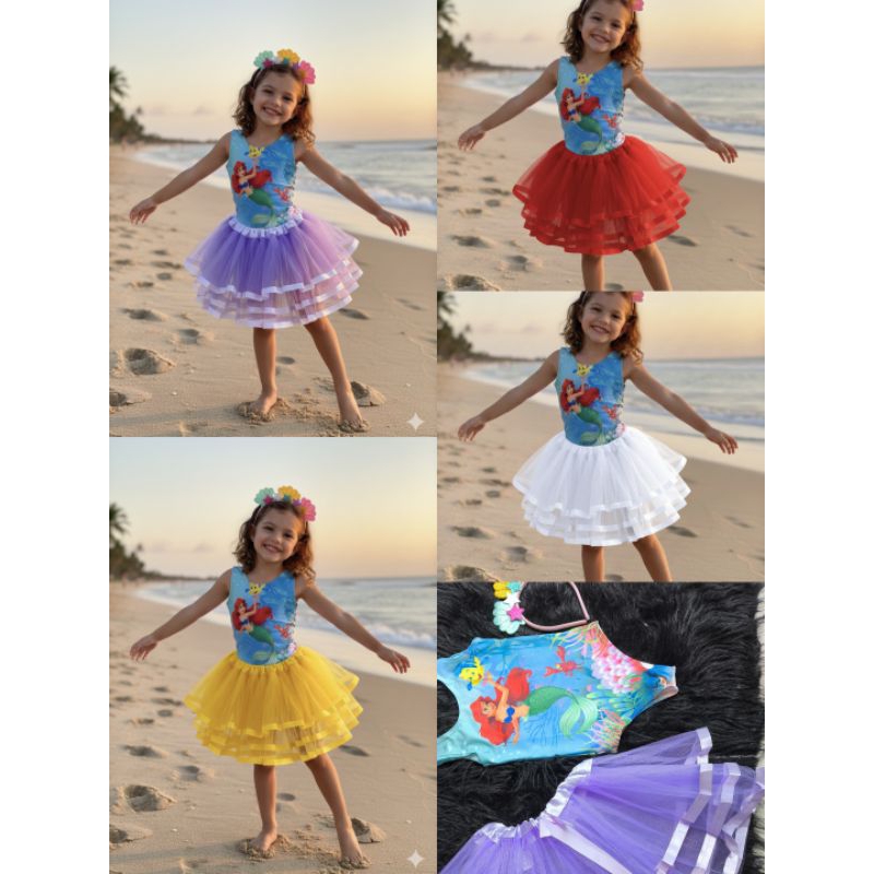 Fantasia infantil sereia cabelo vermelho kit 3 pçs Ariel  sereia saia tule com babadinhos body bore colan  de sereia.