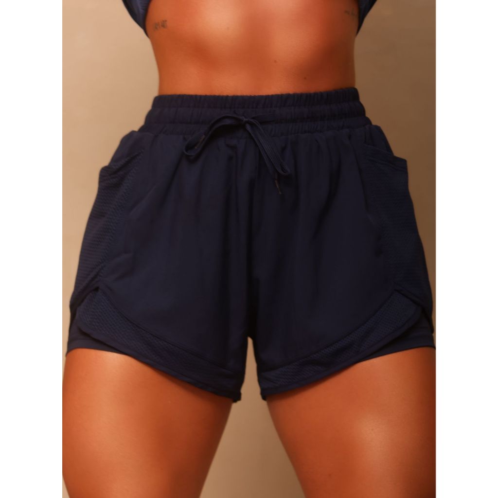 Short Duplo 2 em 1 Feminino Com Bolso Lateral Academia Fitness Esportivo Confortável Sem Transparência