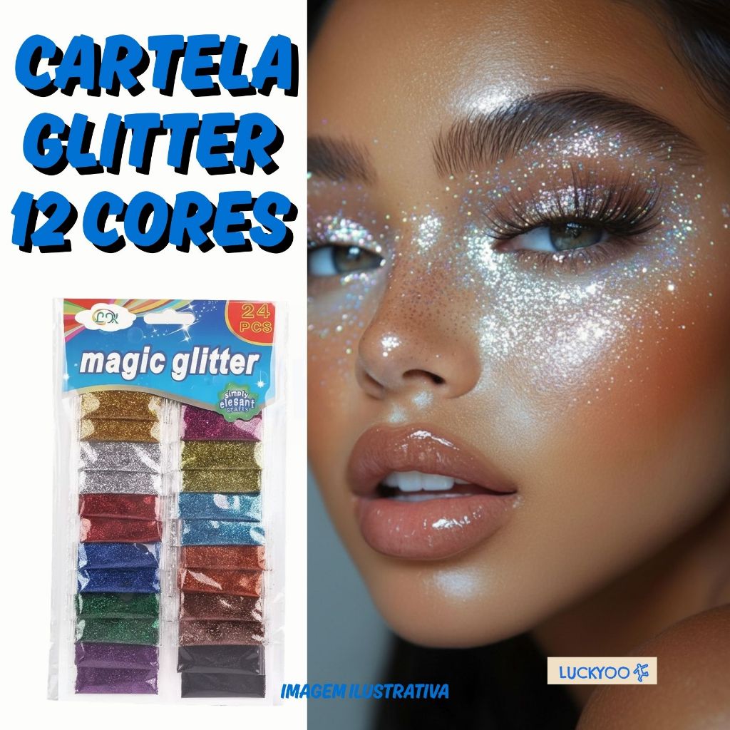 Glitter Magic Cartela 12 Cores Variadas Sombra Maquiagem Holográfico Nail Art Resina Artesanato DIY Show Carnaval