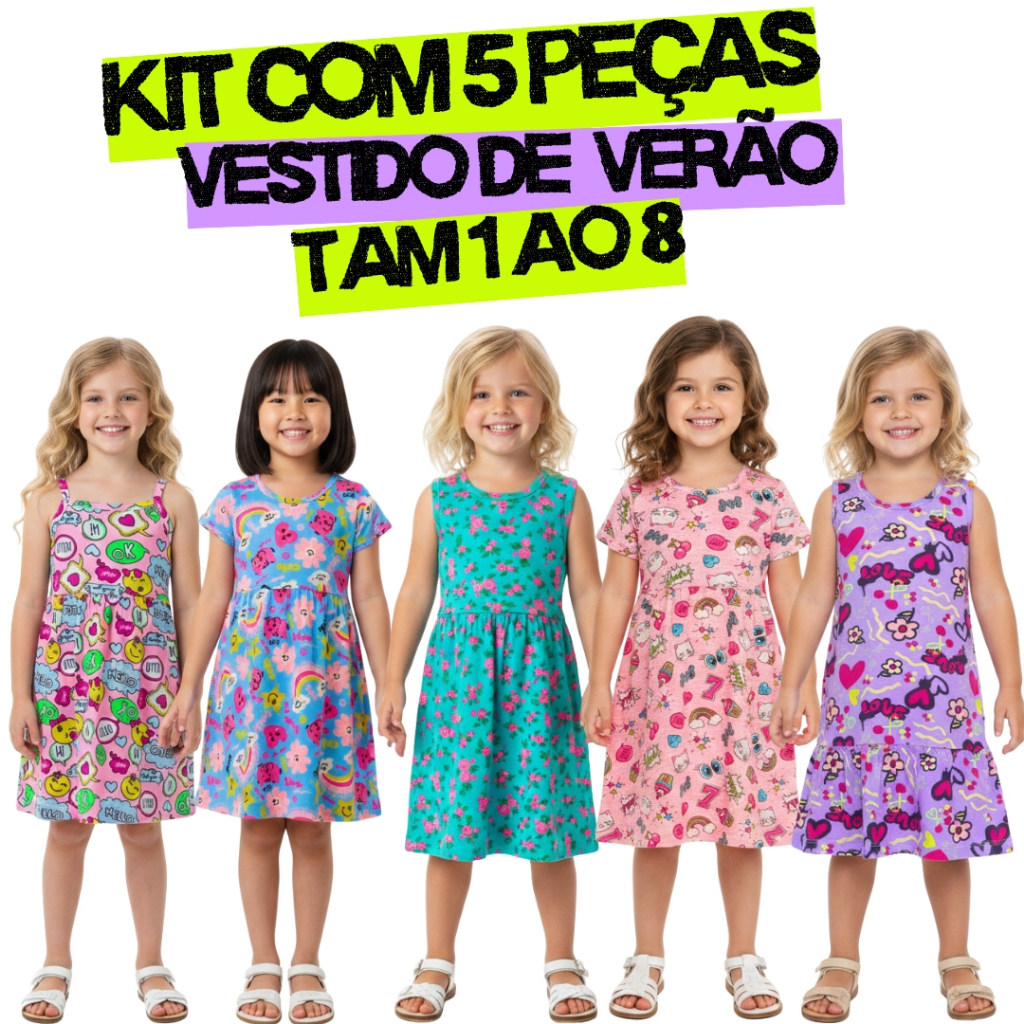 Kit 5 Vestidos Verão Infantil Menina| Cotton| Feminino| Soltinho| Roupa de Menina Tamanho do 1 ao 8