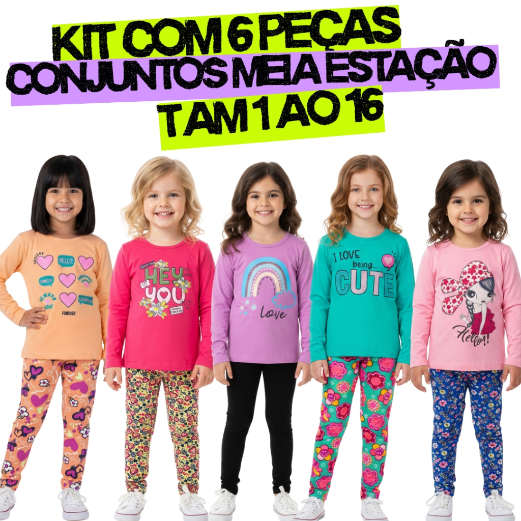 Kit 6 Peças Roupa Infantil Menina 3 Legging 3 Camiseta Manga Longa  Meia Estação Inverno 1...