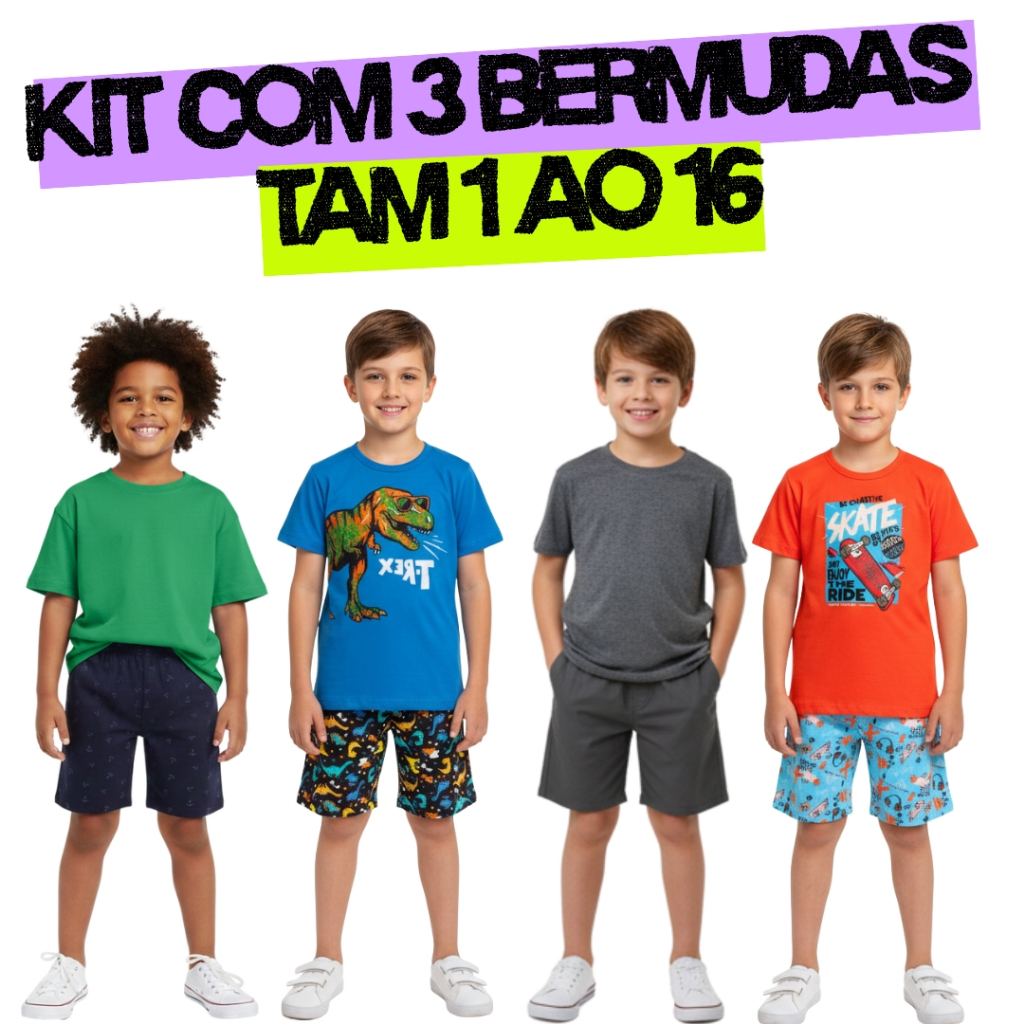 Kit 3 Short Infantil Menino Moletom Masculino Liso e Estampado Criança Bebê e Juvenil 1 ao 16