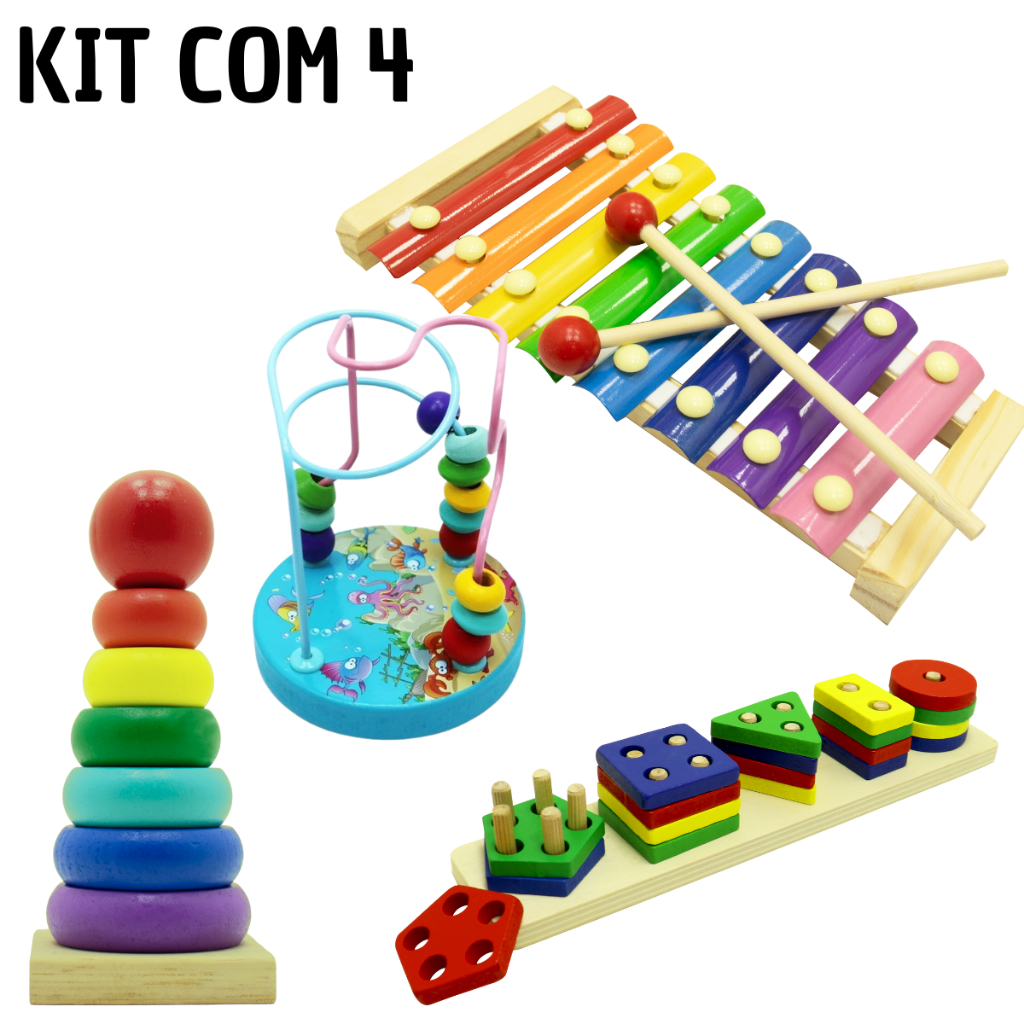 Kit 4 Brinquedos Educativo Coordenação Motora Pedagógico Encaixe Madeira Formas Geométricas em Oferta na Shopee
