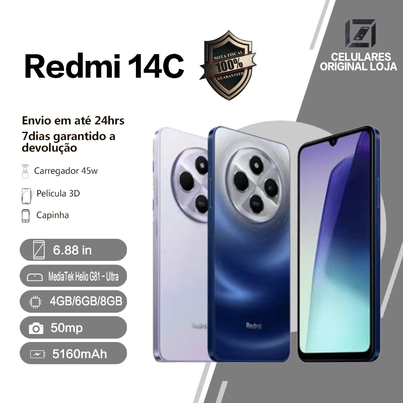 Xiaomi Redmi 14C 4GB+64GB/128GB/8GB+256GB Versão Global Tela 6,88" 120Hz  Bateria 5160mAh