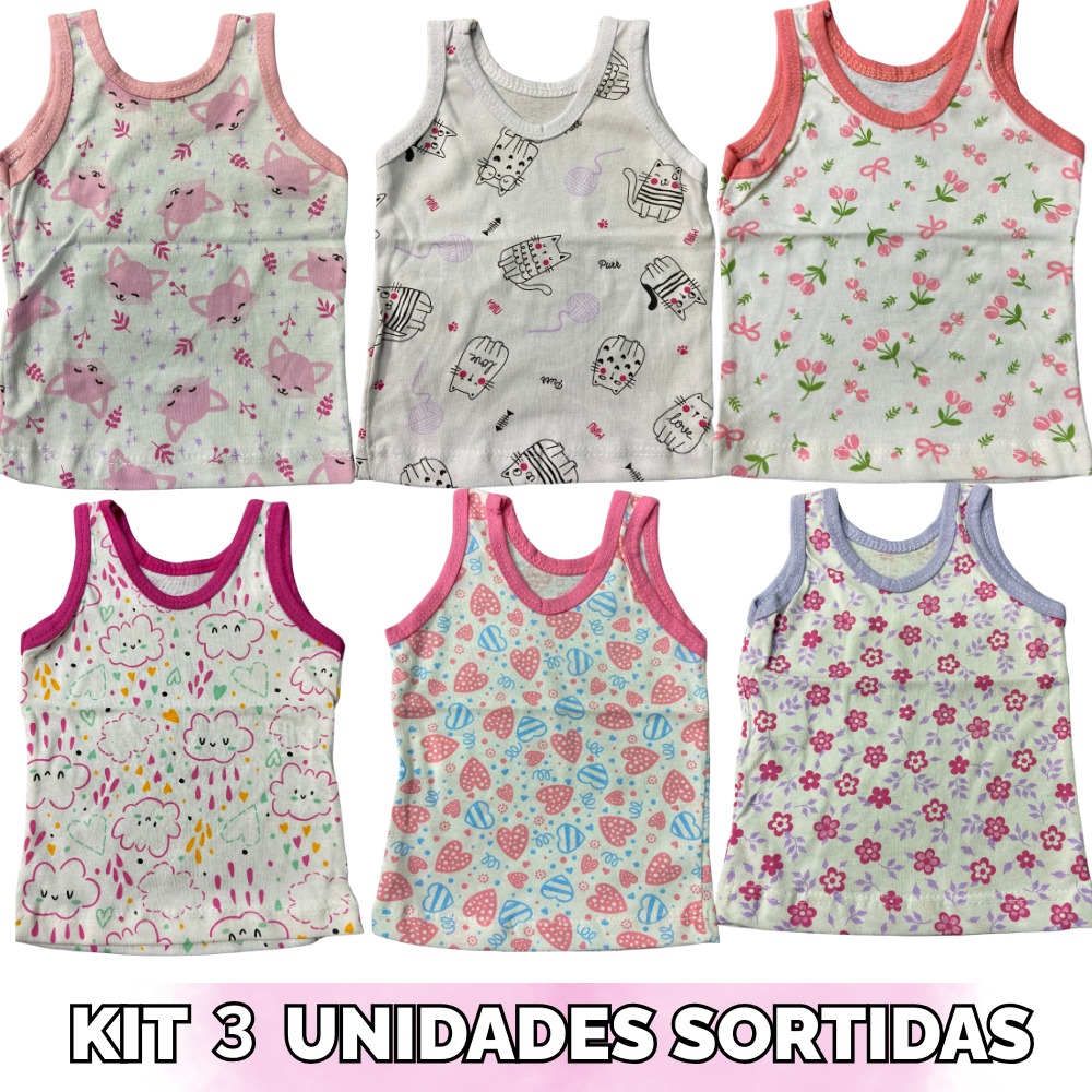 KIT FEMININO 3 UNIDADES CAMISETA REGATA ESTAMPADA SORTIDA P/M/ G - INCRIVEIS BABY 100% ALGODÃO